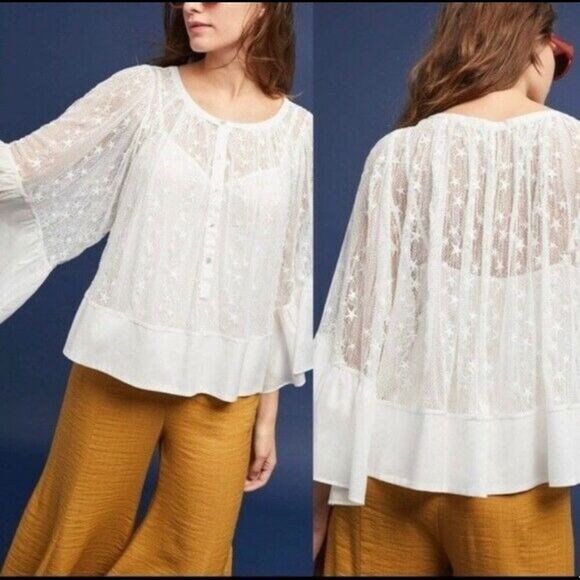 Anthro Akemi + Kin White Star Bell Sleeve Top S - Picture 1 of 11
